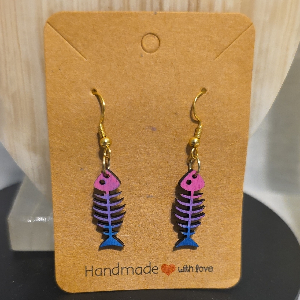 Vibrant Pink and Blue Fishbone Earrings